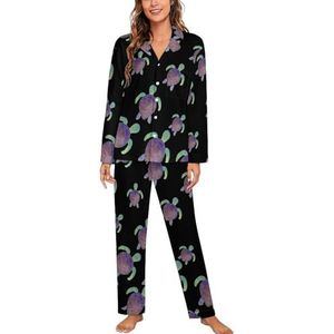 Kleurrijke Schildpad Vrouwen Lange Mouw Button Down Nachtkleding Zachte Nachtkleding Lounge Pyjama Set 2XL