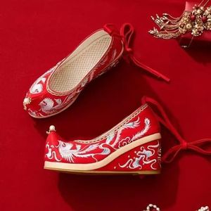 INSTR Hanfu Geborduurde Schoenen Vrouwen Chinese Traditionele Geborduurde Bruiloft Bruidsschoenen Rode Geborduur, Stijl B, 36
