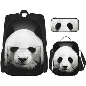 Panda bedrukte casual rugzak met lunchbox etui laptop rugzak reizen dagrugzak, Zwart, Eén maat