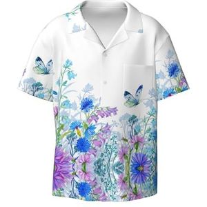 TyEdee Dragonfly en bloemenprint heren korte mouwen overhemden met zak casual button down shirts business shirt, Zwart, M