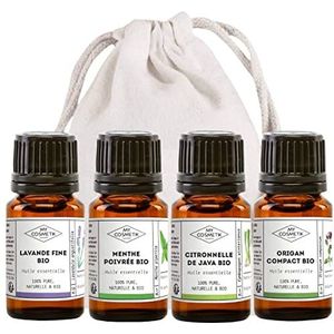 MY COSMETIK - Zomer- en reispakket - Set van 4 biologische essentiële oliën - Fijne lavendel - Pepermunt - Javaanse citroengras - Compacte oregano - 4 x 5 ml + 100% katoenen zakje