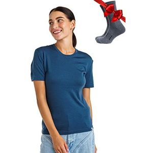 Merino.tech 100% Merino T-shirt voor dames - Merinowol Sportief Wandelen Thermisch Shirt voor Dames + Wandelsokken (X-Large, Denim Blue Crewneck)