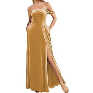 Fluwelen Bruidsmeisjes Jurken Spaghetti Bandjes Prom Jurken Koude Schouder Formele Avond Party Gown ZM191, Goud, 32
