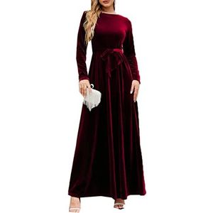 Dames Lente en Winter Elegant Temperament Casual Lange Jurken Goud Fluwelen Effen Kleur Ronde Hals Mid-Taille A-lijn Lange Mouwen Jurken, Donkerrood, XL