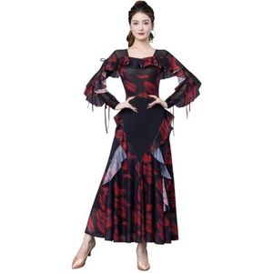 Tytyozay Elegante dames standaard dansjurk, modieuze vierkante halslijn ballroom dansjurk met ruches en mesh stof performance kostuum lange mouwen wals tango jurk,Rood,L