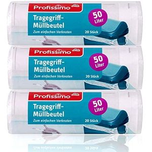 Profissimo Vuilniszakken met draaggreep, 50 liter, 60 stuks, scheurvast en vloeistofdicht, 3 x 20 stuks