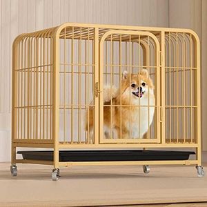 Kleine hondenkratten metalen zware kennels stevige metalen hondenkratten en binnenkennels met afsluitbare wielen en dubbele deuren voor kleine tot middelgrote honden. (kleur: geel, maat: 61 x 45 x 58 cm)