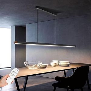 SENFAY LED hanglamp zwart dimbaar, Modern hanglamp eettafel met afstandsbediening, lineair design eetkamerlamp hout in hoogte verstelbaar, 52W eettafel lamp voor bar, eetkamer, keuken, kantoor, L150cm
