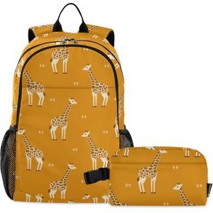 linqin Cartoon oranje giraffen jongen rugzak met lunchtas, schoolrugzak met lunchtas, rugzak en lunchbox set leeftijd 8-10 jaar oud