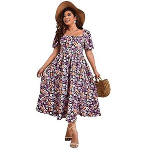 voor vrouwen jurk Plus all-over jurk met bloemenprint, vierkante hals, pofmouwen en ruches aan de zoom (Color : Multicolore, Size : 4XL)