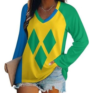 Saint Vincent en de Grenadines vlag dames casual T-shirts met lange mouwen V-hals bedrukte grafische blouses T-shirt tops 5XL