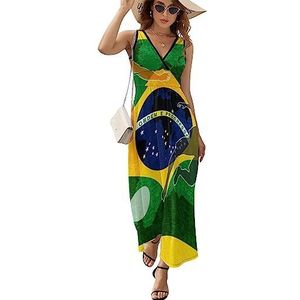 Voetbal Braziliaanse Vlag Maxi Jurk voor Vrouwen Mouwloze Lange Zomer Jurken Strandjurken A-lijn S