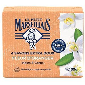 Le Petit Marseillais | Extra zachte oranjebloesemzeep (4 x 100 g) - stevige hand- en lichaamszeep met 98% natuurlijke ingrediënten - recyclebare papieren verpakking