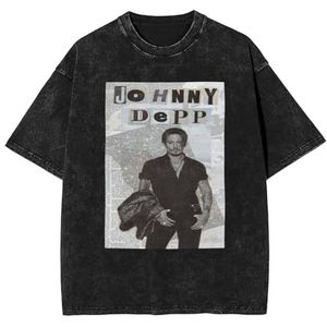 Johnny Actor Depp T-shirt Washed Vintage Shirt Print Ronde hals Tops Tee Korte Mouw T-shirt voor Mannen, Vrouwen, 5 Maten, Zwart, L