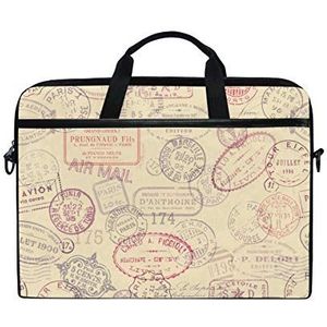 Rootti Laptop Case Vintage Stempel Patroon Laptop Schoudertas Handvat Canvas Notebook Aktetas Computer Sleeve met Verstelbare Schouderband voor 14 15 39,1 cm