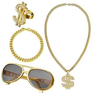2 Pcs Hiphopkostuum voor mannen - 4 Stks/set Hip Hop Kostuum Kit | Nep gouden ketting geld ketting, twist been punk zonnebril, dollarteken vinger ring en armband