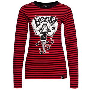 Queen Kerosin Dames shirt met lange mouwen | Gestreept | Pin-Up | Frontprint | Vintage Print | Comic Style | 50's Bomb Devil, rood, XL