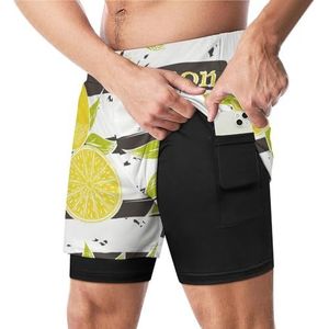 Citroenen op Donkergrijze Strepen Grappige Zwembroek met Compressie Liner & Pocket Voor Mannen Board Zwemmen Sport Shorts
