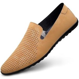 Loafers for heren, ronde neus, suède PU-lederen loafers, antislip, platte hak, slip-on for schoolfeest (Color : Yellow Hollow out, Size : 43 EU)