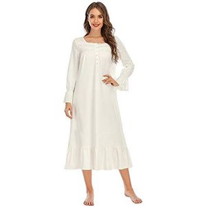 Suelinvy Vrouwen lange mouw knoop borduursels Victoriaanse nachthemden ruche schattige slaap jurk nachthemd pyjama jurk S-XXL, Kleur: wit., S