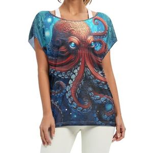 Cool Sea Blue Octopus Art Dames Korte Batwing Mouw Shirt Ronde Hals T-shirts Losse Tops voor Meisjes, Patroon, L