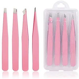 Pincet Set 4-delig, professioneel roestvrijstalen pincet, precisiepincet voor wenkbrauwen, gezichtshaar, ingegroeid haar, Splinter, mee-eterverwijderaar (ROZE)