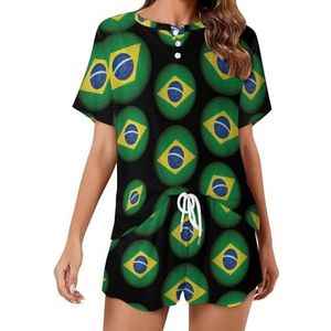 Brazilië Voetbal Vlag Zachte Womens Pyjama Korte Mouw Pyjama Loungewear met Zakken Gift voor Thuis Strand L