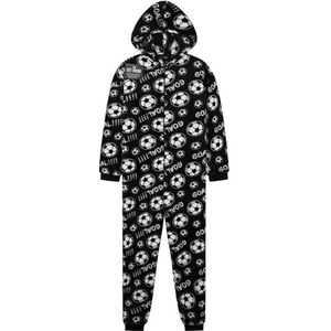 Get Trend Fleece onesie voor jongens tieners, loungewear met capuchon, warme pyjama, voetbal of gamen, gezellige jumpsuit, nachtkleding, cadeaus voor jongens, Zwart Voetbal, 11-12 jaar