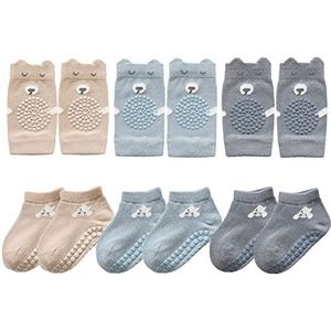 FedMois 3 Paar Kniebeschermers voor Kruipen + 3 Paar Baby kinderen Sokken met Anti Slip Grip Katoen Dierenmotieven, grijs, blauw en beige, 9-18 maanden