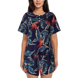 YJxoZH Hawaii Tropische Bloemenprint Vrouwen Zomer Pyjama Sets Nachtkleding Dames Korte Mouw Nachtkleding Pjs Lounge Met Zakken, Zwart, S