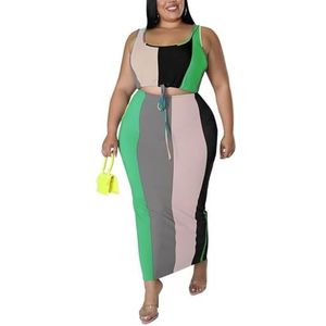 Dames Zomer Plus Maat 2-delige Outfits Mode Kleurenblok Vierkante Hals Mouwloze Crop Top En Bodycon Maxi Rok Set (Color : Green, Size : 5XL)