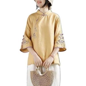 Chinese Stijl Retro Katoenen Linnen Top Dames Plus Size Loose Fit Shirt Prachtig Borduurwerk Traditionele Hanfu Blouse (Color : Yellow, Size : M)