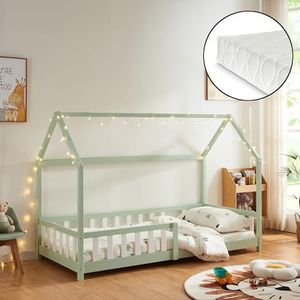 [en.casa] Kinderbed Hesel huisbed met matras 90x200 cm mint met uitvalbeveiliging en lattenbodem vloerbed jeugdbed houten bed