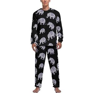 Blauwe bloemen olifant illustratie zachte heren pyjama set comfortabele lange mouwen loungewear top en broek geschenken XL