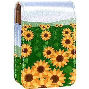 Draagbare Lipstick Case voor op reis, Mini Lipstick Opbergdoos met spiegel voor dames dames, lederen cosmetische etui zonnebloemen en lucht, Meerkleurig, 9.5x2x7 cm/3.7x0.8x2.7 in