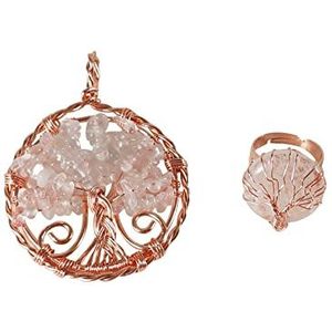 Roze Crystal Tree of Life Ring Gouden Draad Wrap, Roze Kristal Levensboom Ketting Hanger, Sieraden Gift voor Vrouw