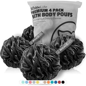Douche Puff 4 Pack Zwart Bad Spons Douche Loofahs Poef Bal Natuur Bamboe Houtskool Mesh Bulk Puffs Groot, Douche Essentiële Huidverzorging door WhaleLife