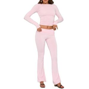 Women's 2 Piece Lounge Sets Fold-over Flare Pants, Cotton Long Sleeve Crop Top and Pants Casual Outfits Yoga Set (M,Pink)