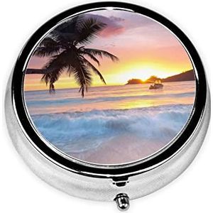 Sunrise Tropical Island Gedrukt Pil Organizer Pil Doos Pil Case Draagbaar voor Portemonnee Pocket Ronde Metalen Pil Houder Organizer voor Dagelijkse Geneeskunde