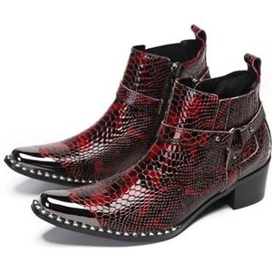 ZZveZZ Heren Rode Metalen Puntige Handgemaakte Lederen Schoenen Banketfeest Korte Laarzen (Color : Red, Size : 41 EU)