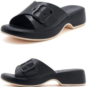 WDUDSUDUW Dames platform sandalen met sleehak, open teen, instappers en verstelbare sleehak,zwart,37 EU
