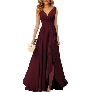 KURFACE Bruidsmeisjesjurken met V-hals, met split en ruches zonder mouwen, chiffon bruidsmeisje avondjurk, Bordeaux, 32