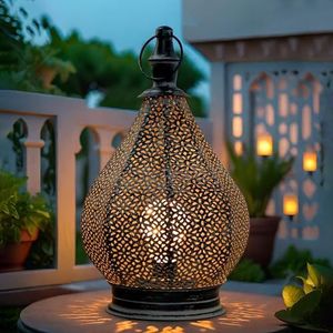 TRIROCKS Marokkaanse Stijl Metaal Tafel Lamp 29cm Hoog Batterij Aangedreven Hangende Draadloze Lantaarns met LED Edison Gloeilamp voor Woonkamer Tuin Yard Patio Feesten Tafel Binnen Buiten (Grijs)