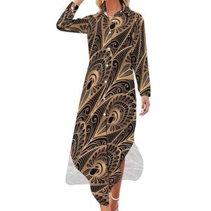 Gouden Abstracte Pauwenveren Lange Mouw Maxi Shirt Jurken voor Vrouwen Casual V-hals Knop Blouses 3XL