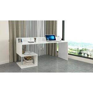 Dmora Serafino Lineair bureau met planken, multifunctioneel bureau met opzetstuk, 180 x 92,5 x 60 cm, wit