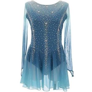 Nnnydjy Elegant Handgemaakt Schaatsdanskostuum Met Glanzende Strass Open Rug Ademende Kunstschaatsdans Hoge Rekbare Gymnastiekpakje Met Lange Mouwen,Blauw,11_13Years