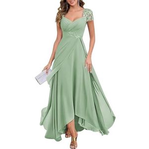 KIYNE Damesjurk met kapmouwen en V-hals, chiffon, moeder van de bruid, lange geplooide ruches formele avondjurk, Sage Groen, 32