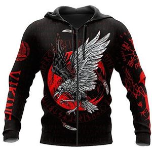 Noorse Mythologie Viking Odin Crow Hoodie, Mannen 3D Digitale Print Casual Lange Mouw Pullover, Unisex Vintage Middeleeuwse Volledige Rits Sweatshirt Plus Size S-5XL