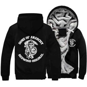 Winter Heren Dikke Hoodies voor Anarchy Sons Graphics, Volledige Rits Warme Capuchon Sweatshirt Lange Mouw Winddichte Jassen met 2 Zakken,Black-XL