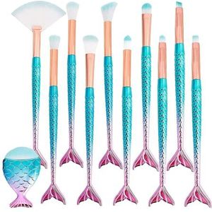 YKKJ Make-up kwastenset, 3D-zeemeermin-make-up-kwasten, 11 stuks, professionele cosmetica-make-upkwast voor foundation, poedercrème, rouge, oogschaduw, wenkbrauwen, eyeliner